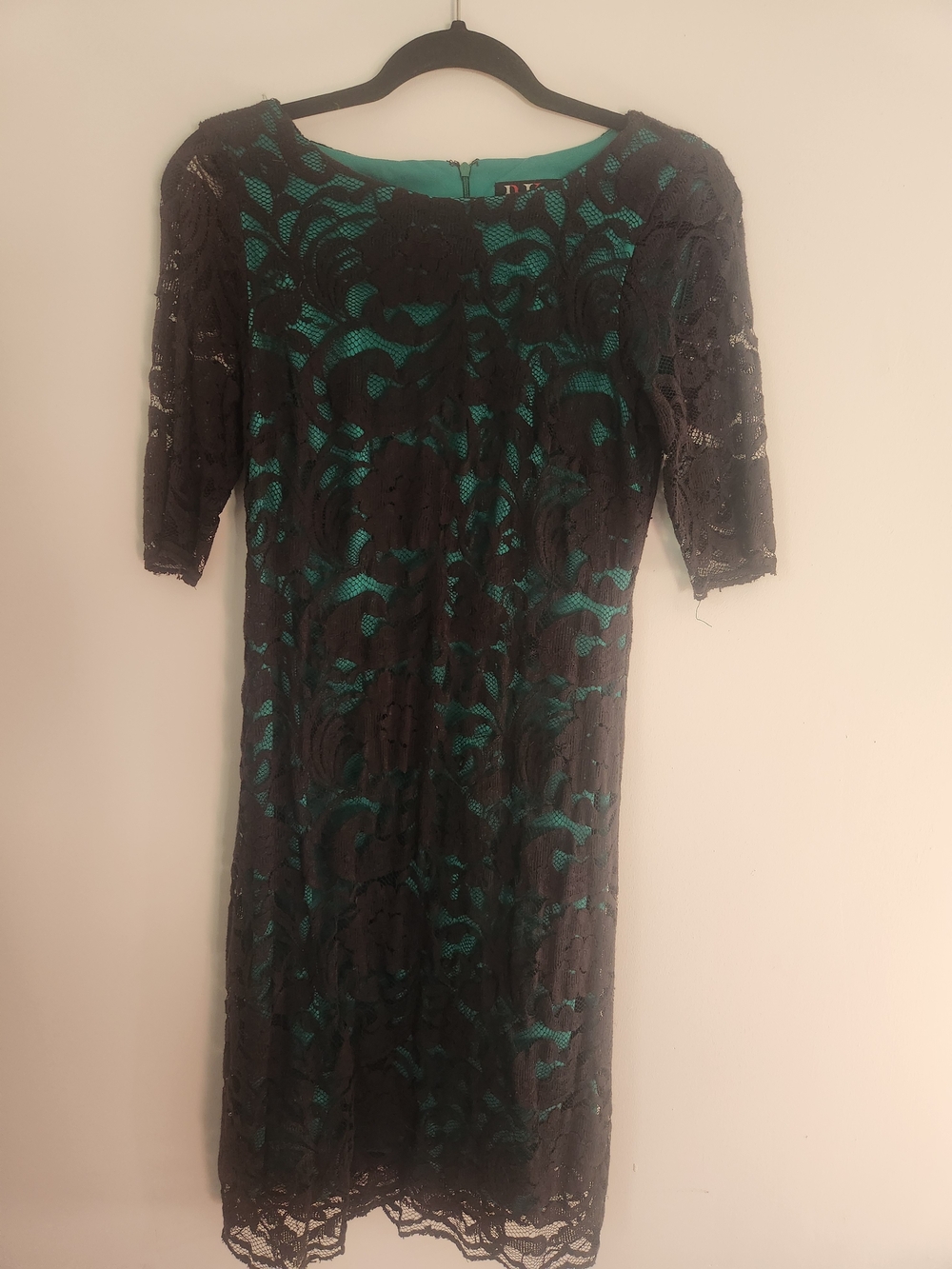 R&K Black Lace Midi Dress with Teal Underlay